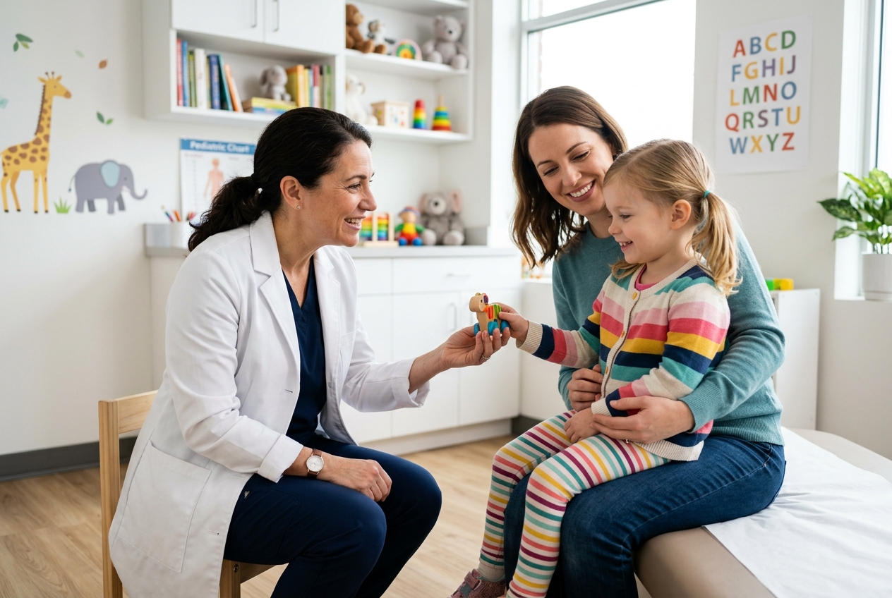 Pediatric gastroenterologist for abdominal pain examining a child with compassionate care