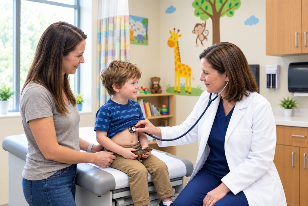 Pediatric gastroenterologist for acid reflux examining a child with compassionate care