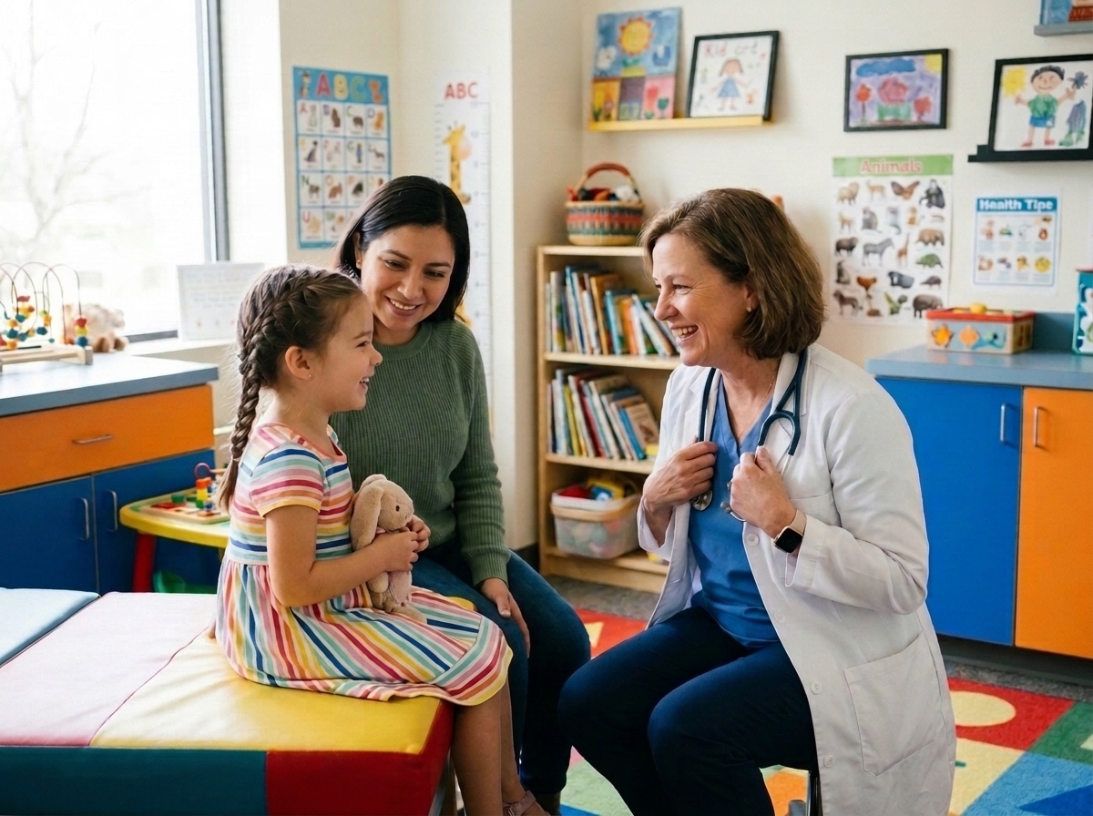 Friendly pediatric doctor consulting warmly with young child and mother about constipation relief