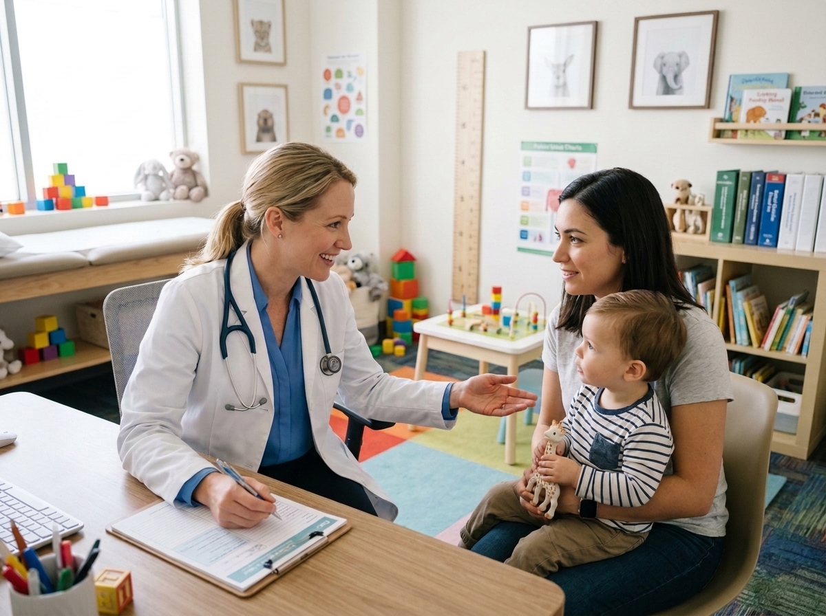 Pediatric gastroenterologist doctor consulting with caring mother and toddler in clinic