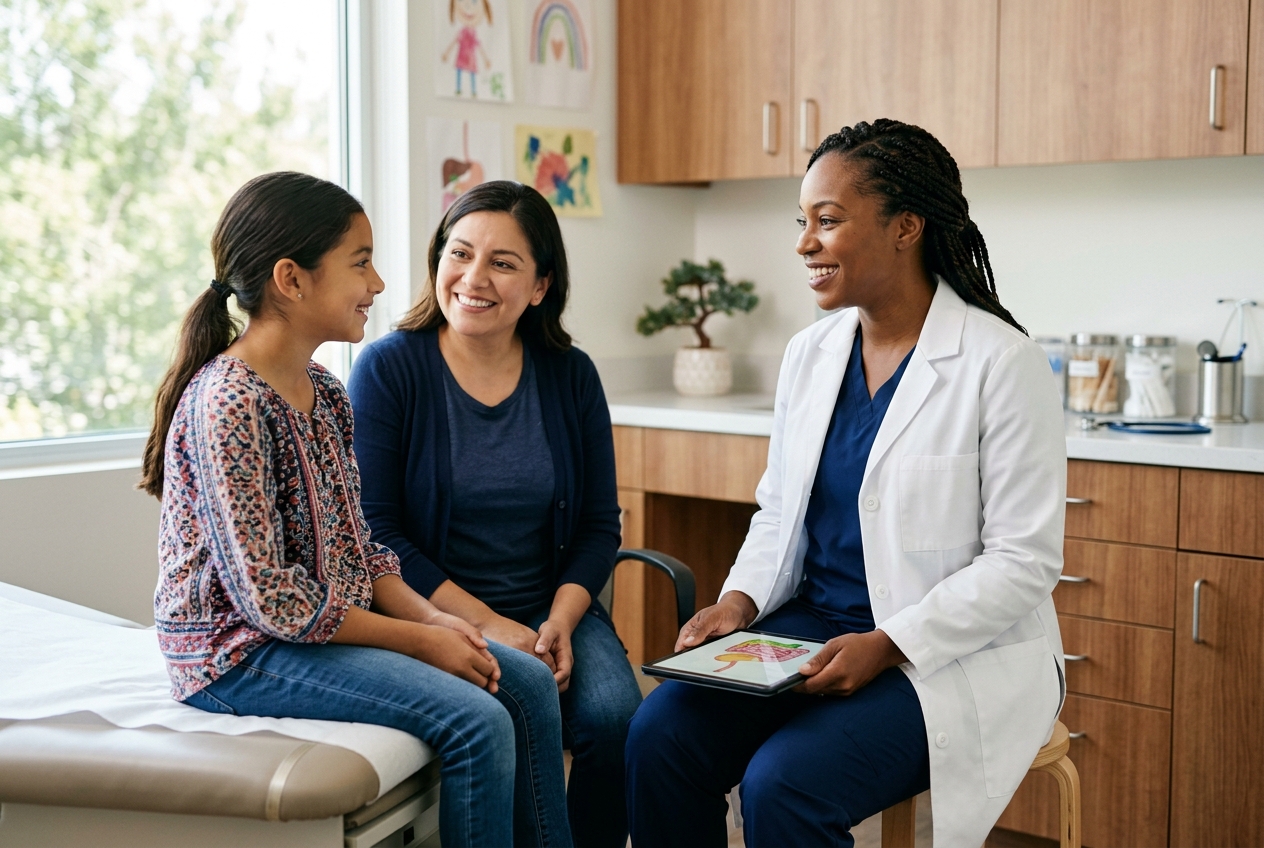Pediatric gastroenterologist for GI bleeding examining a teenager with compassionate care
