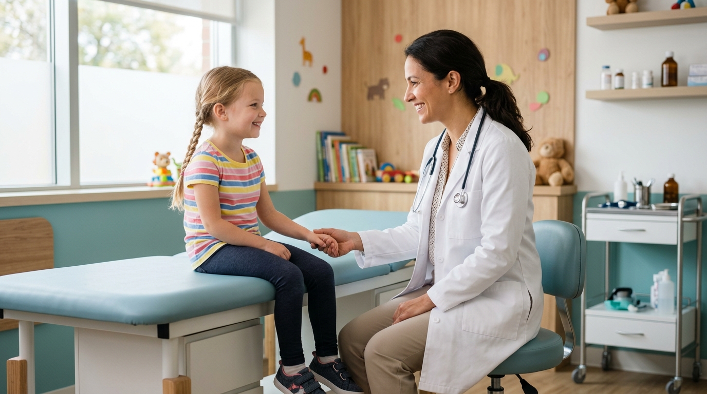 Compassionate pediatric doctor sitting at eye level holding the hand of a smiling young girl in a clinic consultation room