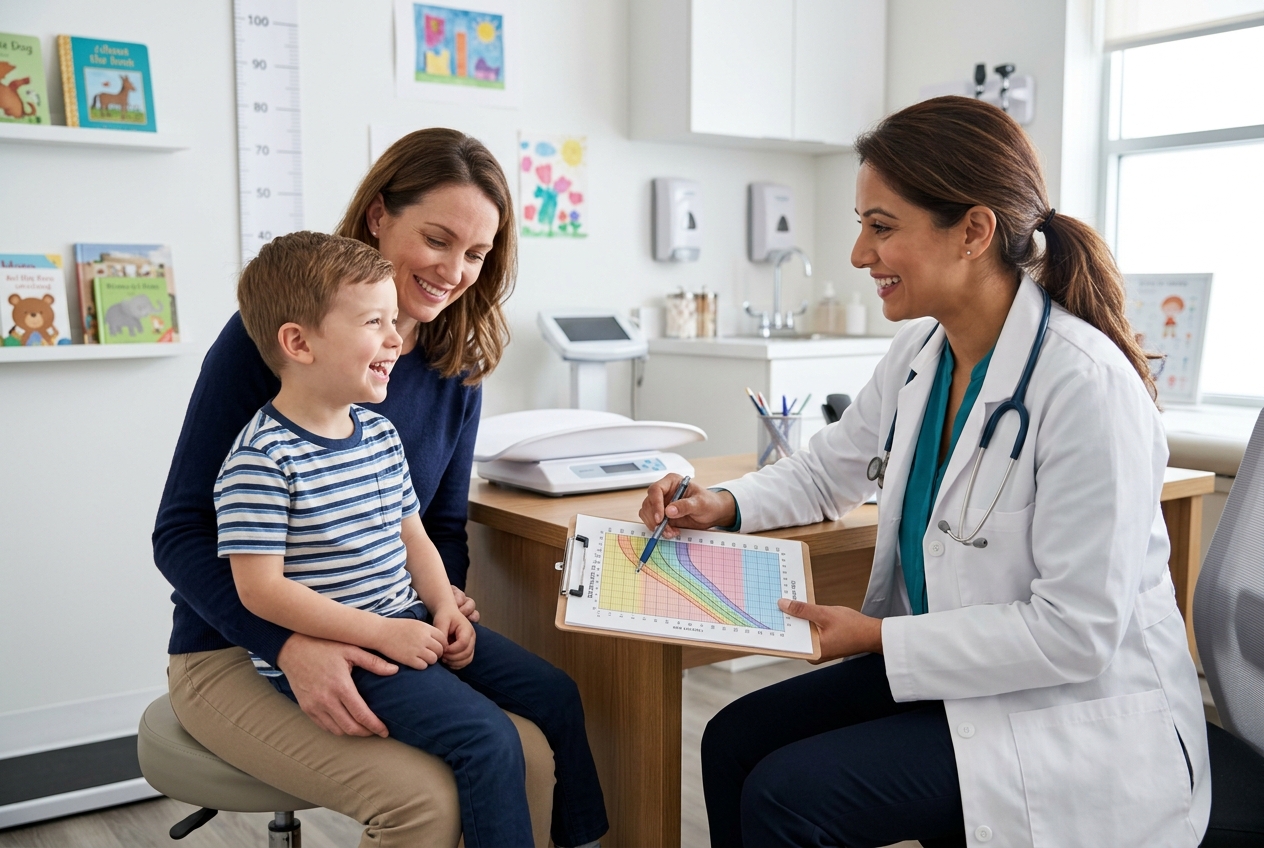 Pediatric gastroenterologist for nutritional concerns discussing growth chart with mother and child