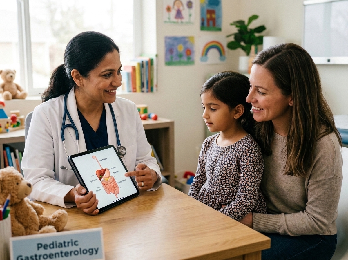 Pediatric gastroenterologist physician reviewing anatomical digestive diagram on tablet with parent and young patient
