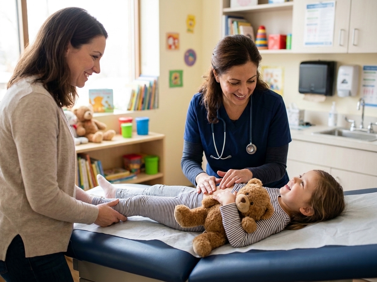 Pediatric doctor performing gentle abdominal checkup on happy child in bright clinic