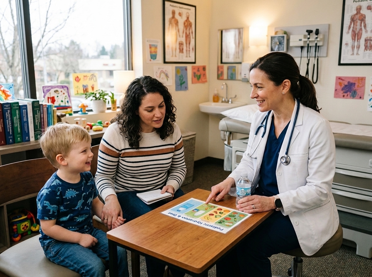 Pediatric doctor reviewing hydration and dietary guidelines with mother and child in medical consultation room