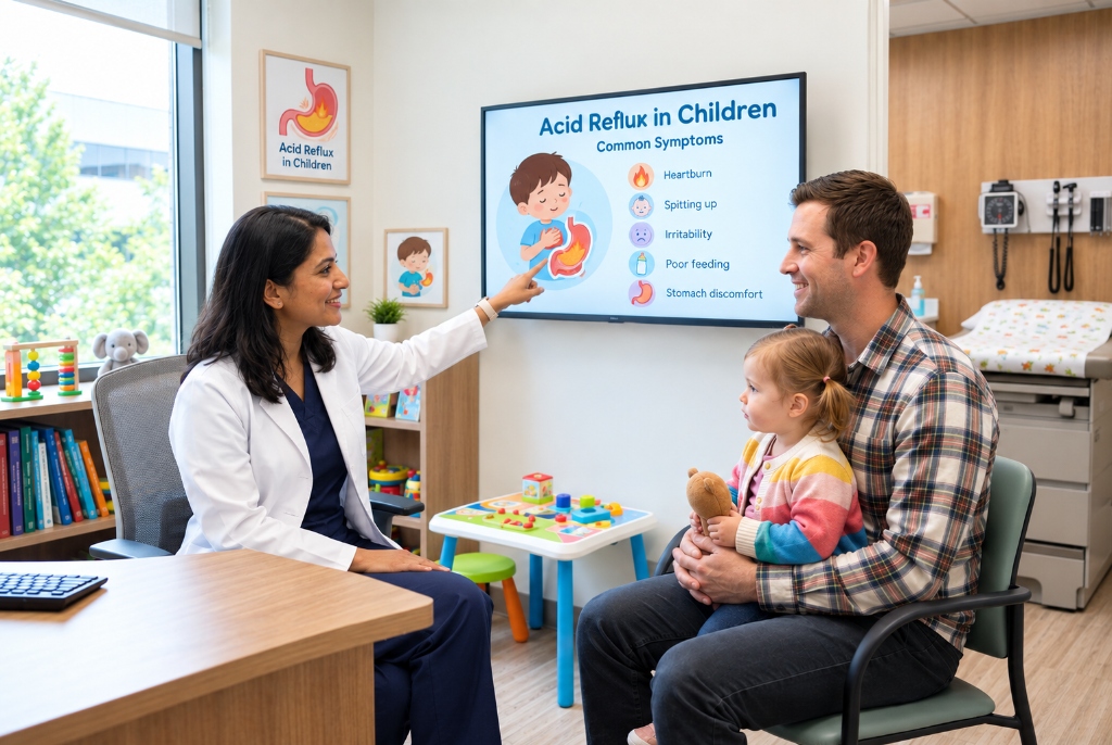 Pediatric gastroenterologist explaining acid reflux evaluation plan to mother and child