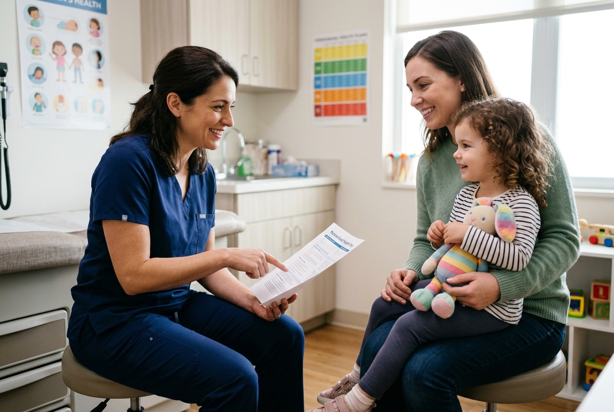 Pediatric gastroenterologist evaluating stomach pain with patient and mother
