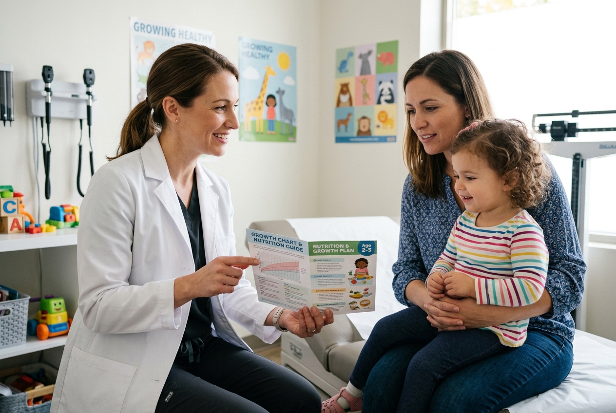 Pediatric gastroenterology specialist evaluating a child's nutrition and growth chart with mother