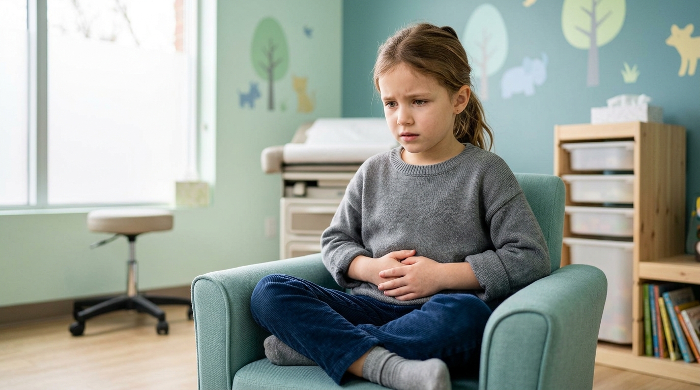 Young girl wearing a plain grey sweater sitting in a chair inside a pediatric clinic room holding her stomach in acid reflux pain