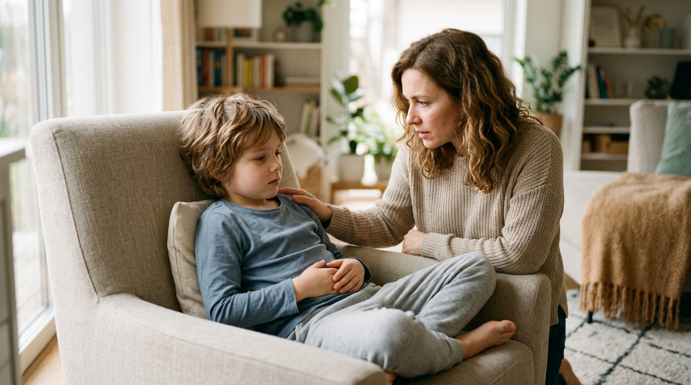 Caring mother gently comforting her young child holding his stomach at home before consulting a pediatric doctor